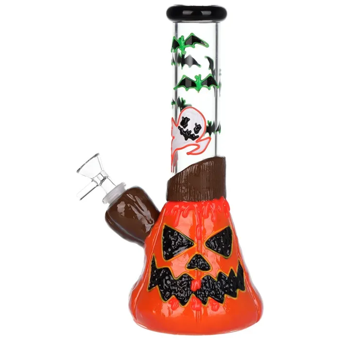 Bats 'n' Ghouls Jack-O-Lantern Glow in Dark Glass Water Pipe - 10" / 14mm F - Image 1